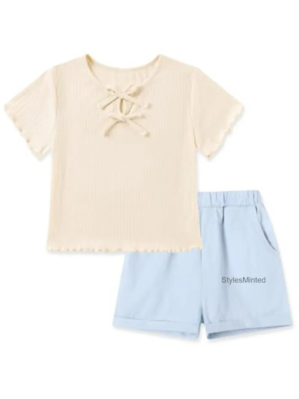 Girls 2-Piece Outfit Ribbed Top Denim Shorts Set Bows Summer